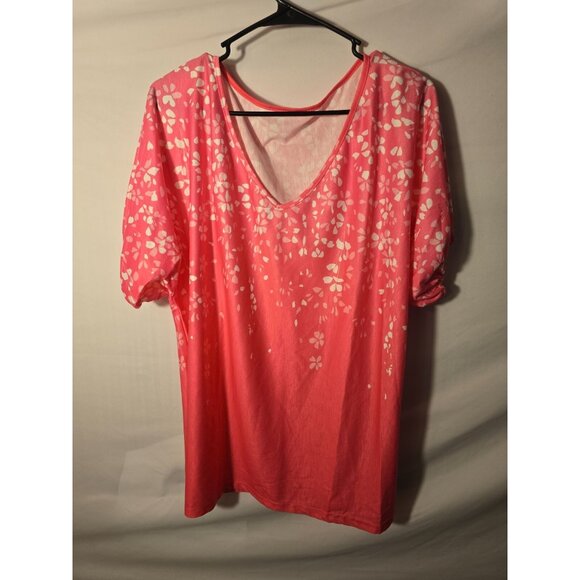 Pink Floral Tunic Top Shirt Blouse Vneck Womens Plus Size 1X Short Sleeve Girlie - Picture 1 of 3